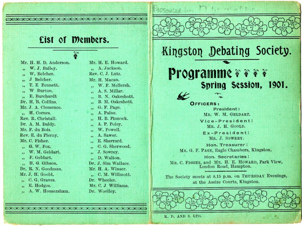 Kingston Debating Society programme cover 1901