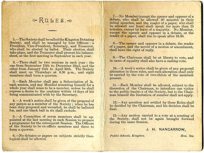 Kingston Debating Society rules 1895